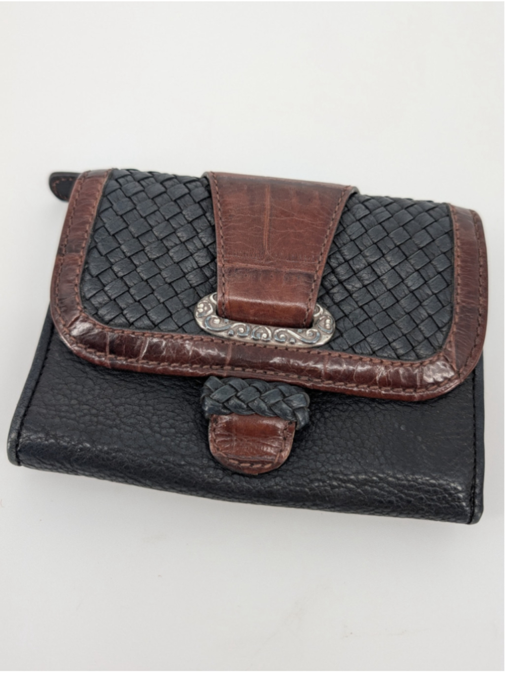 Vintage Brighton Leather Wallet Black Brown Woven Croc Trifold Organizer Western